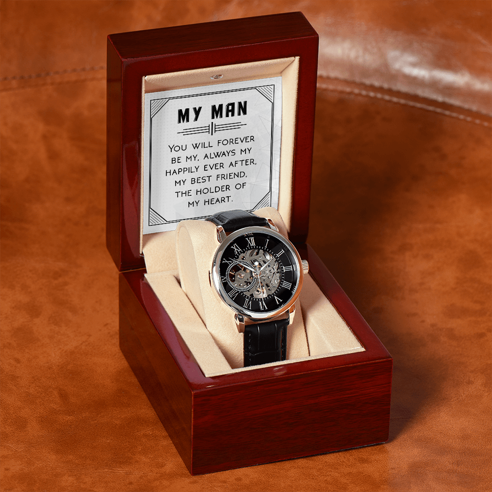 You Will Forever be My Always Men's Openwork Watch With Message Card in Mahogany Box-Express Your Love Gifts