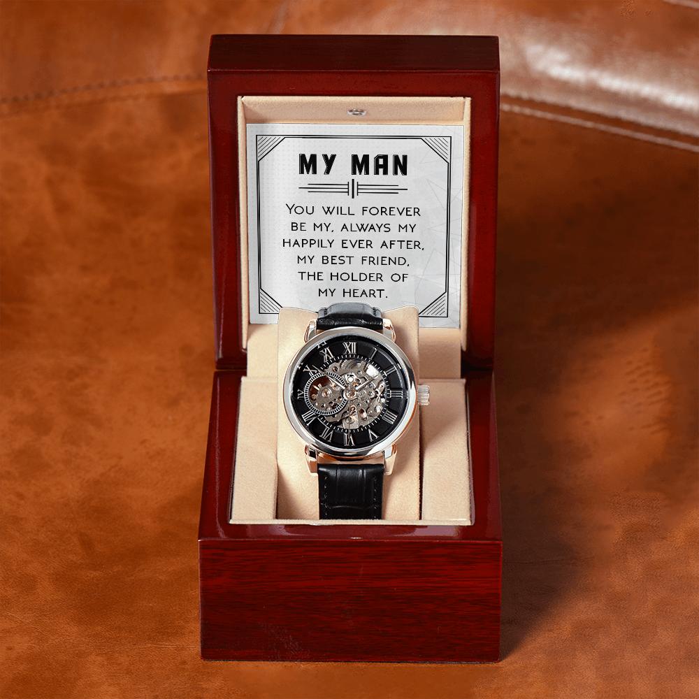 You Will Forever be My Always Men's Openwork Watch With Message Card in Mahogany Box-Express Your Love Gifts