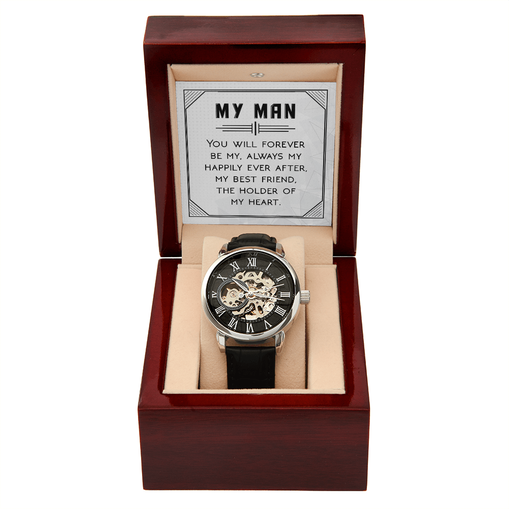 You Will Forever be My Always Men's Openwork Watch With Message Card in Mahogany Box-Express Your Love Gifts