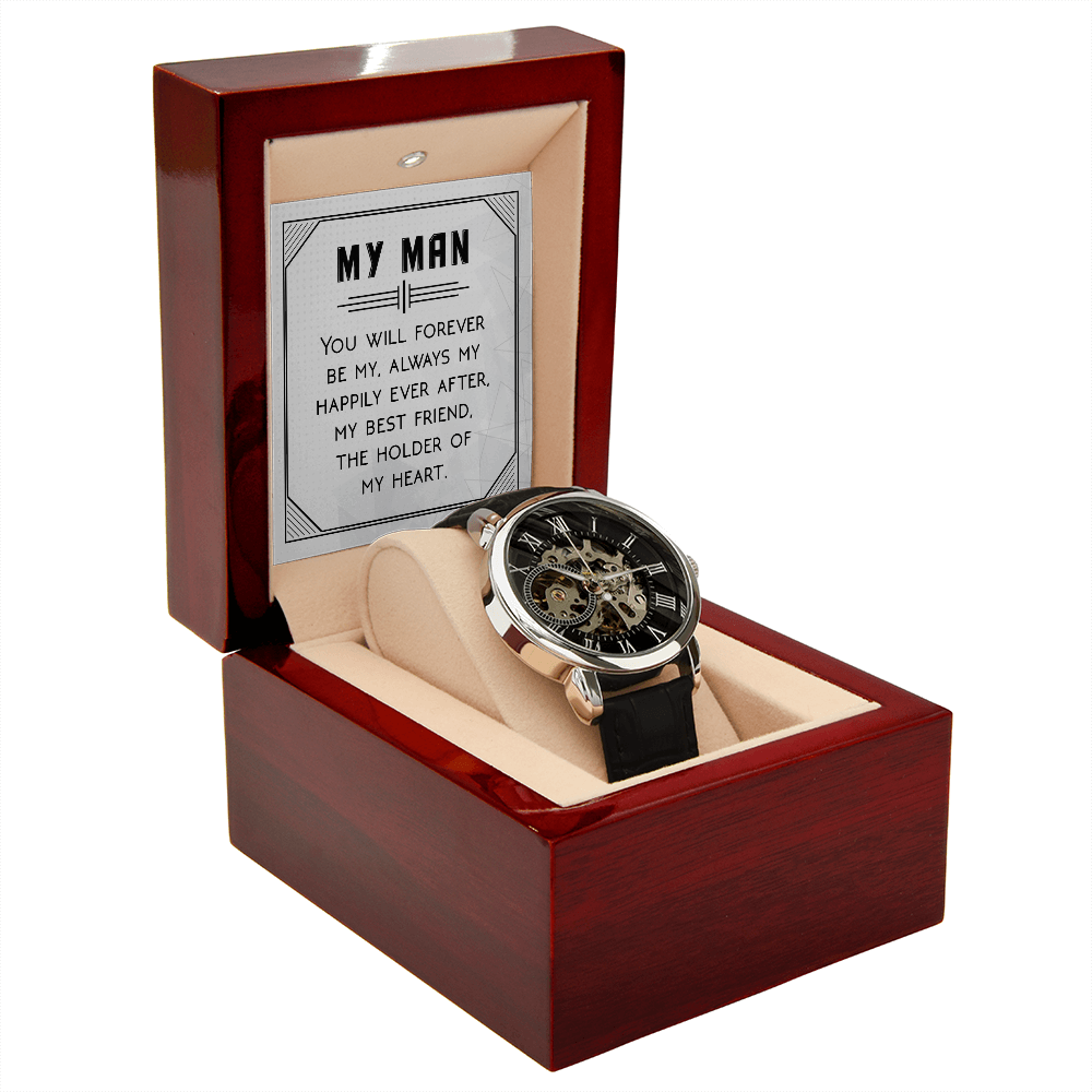 You Will Forever be My Always Men's Openwork Watch With Message Card in Mahogany Box-Express Your Love Gifts