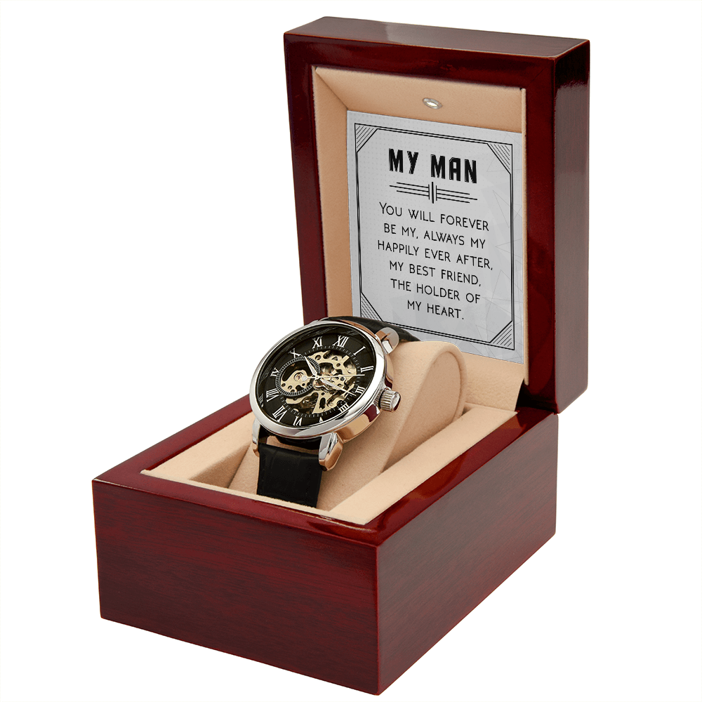 You Will Forever be My Always Men's Openwork Watch With Message Card in Mahogany Box-Express Your Love Gifts