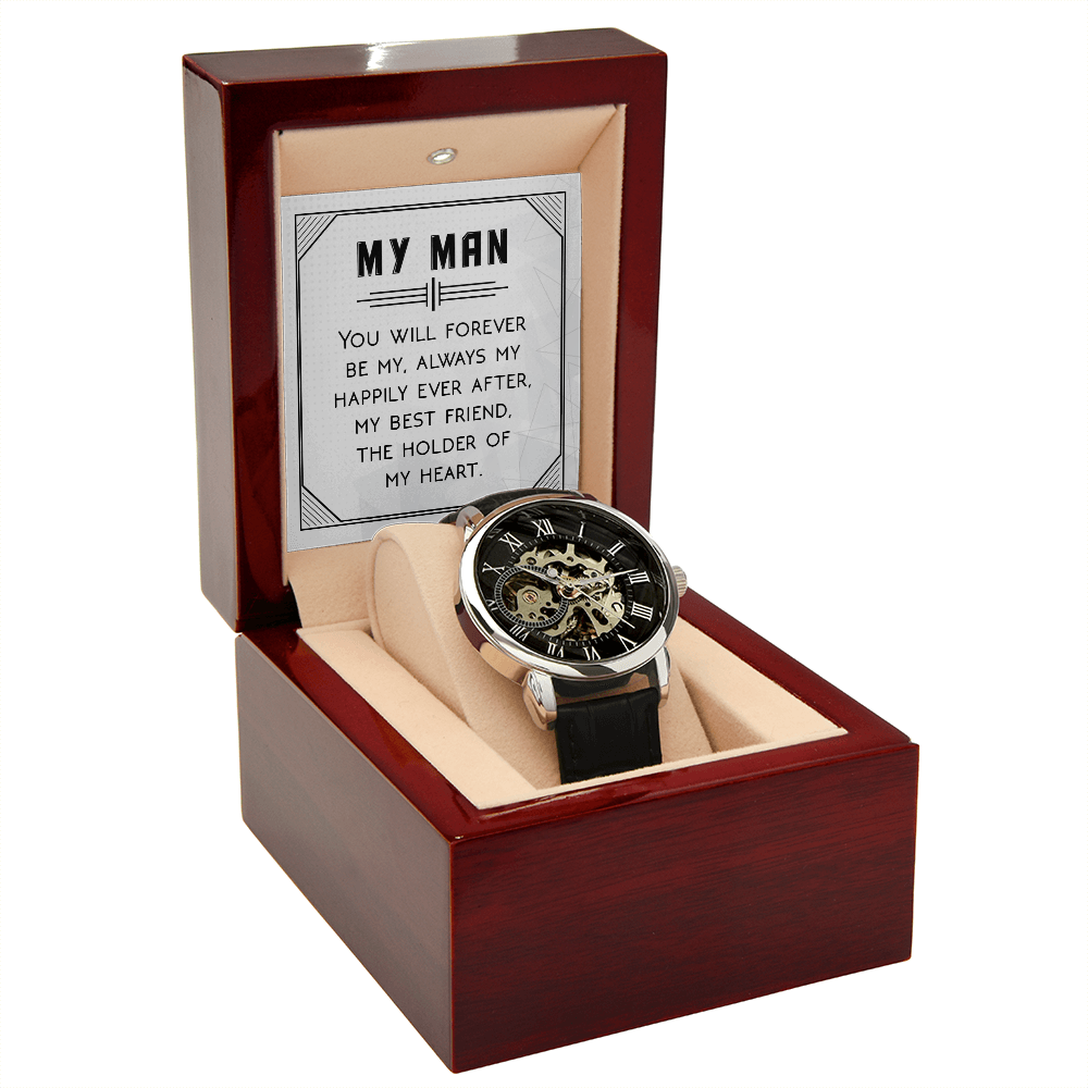 You Will Forever be My Always Men's Openwork Watch With Message Card in Mahogany Box-Express Your Love Gifts