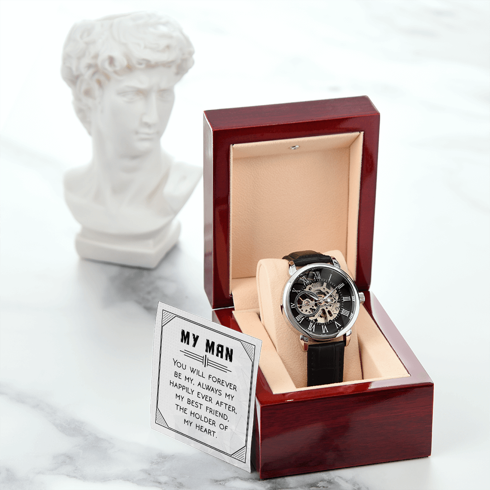 You Will Forever be My Always Men's Openwork Watch With Message Card in Mahogany Box-Express Your Love Gifts
