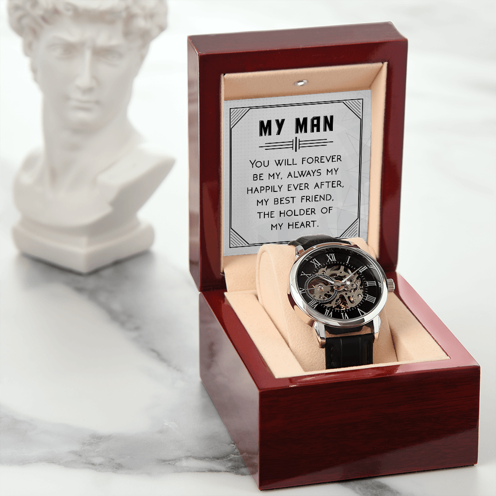 You Will Forever be My Always Men's Openwork Watch With Message Card in Mahogany Box-Express Your Love Gifts
