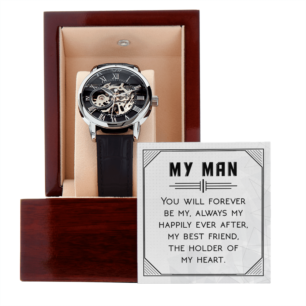 You Will Forever be My Always Men's Openwork Watch With Message Card in Mahogany Box-Express Your Love Gifts