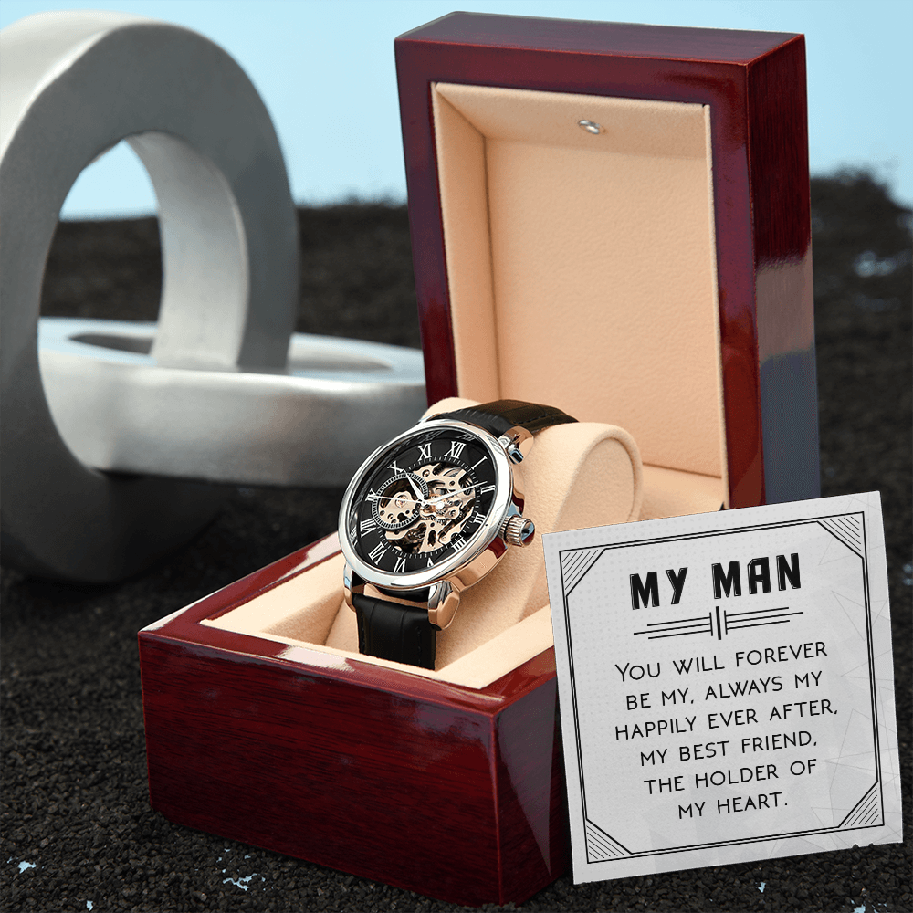 You Will Forever be My Always Men's Openwork Watch With Message Card in Mahogany Box-Express Your Love Gifts