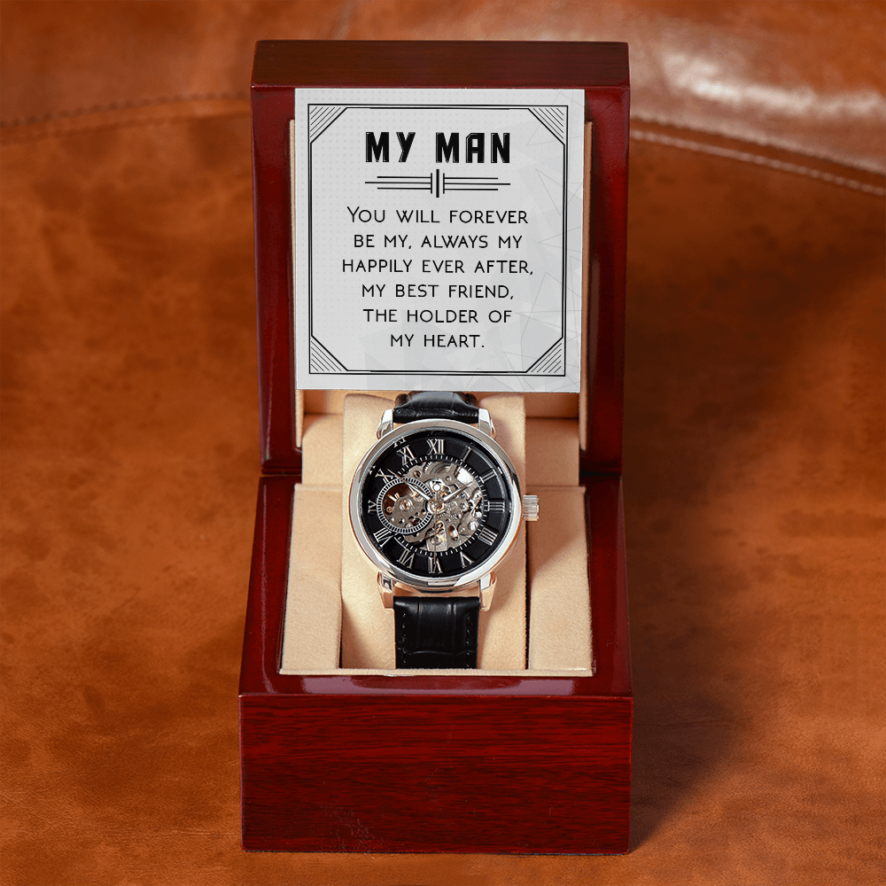 You Will Forever be My Always Men's Openwork Watch With Message Card in Mahogany Box-Express Your Love Gifts