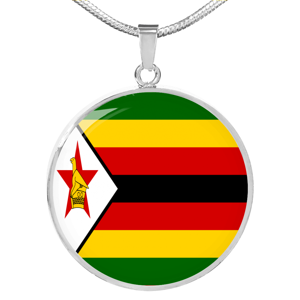 Zimbabwe Flag Necklace Circle Pendant Stainless Steel or 18k Gold 18-22"-Express Your Love Gifts