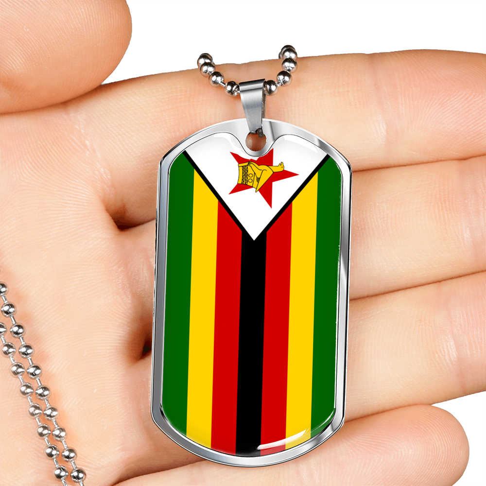 Zimbabwe Flag Necklace Stainless Steel or 18k Gold Dog Tag 24" Chain-Express Your Love Gifts